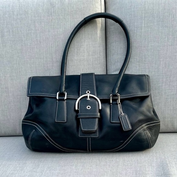 Coach Vintage Leather Hampton Soho Handbag Black with White Stitching - Picture 3 of 12